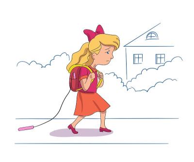 悲伤的小女孩背着背包去上学，疲惫的女学生
