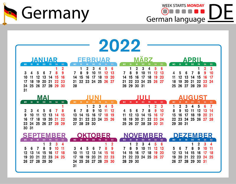 德国2022年卧式袖珍日历。一周星期一