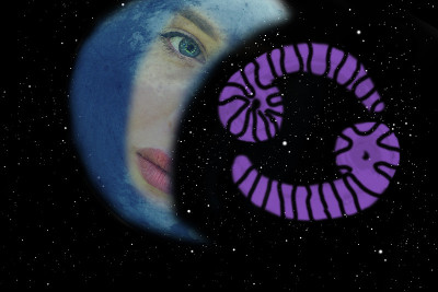 占星术，黄道带巨蟹座和蓝色背景下的月亮