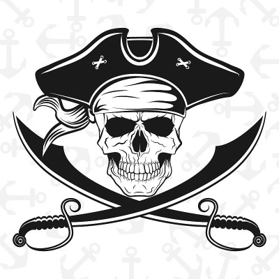 A skull in pirate hat with crossed broadswords, ve