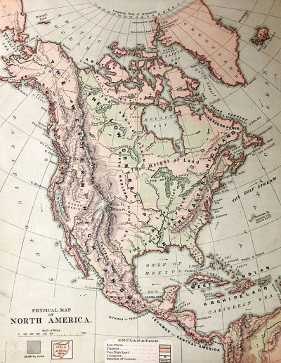 古董插图- 1878地理-北美物理地图