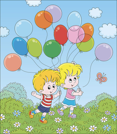 孩子们拿着彩色气球散步