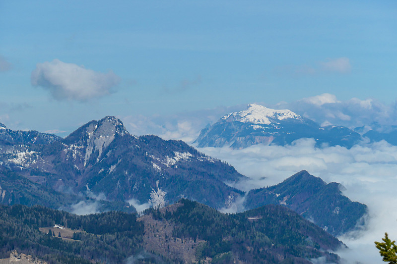 Matschacher Gupf -从奥地利阿尔卑斯山顶的全景。整个地区都笼罩在厚厚的云层中