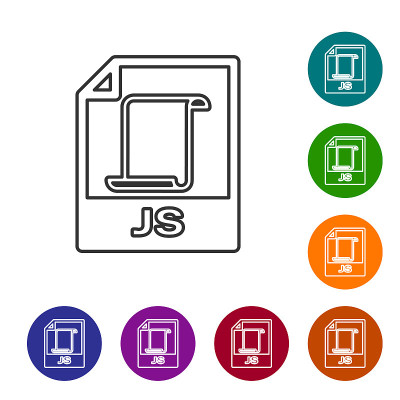 灰色JS文件文档图标。下载js按钮行图标孤立的白色背景。JS文件的象征。设置图标在颜色圈按钮。矢量图