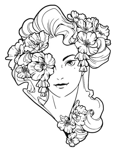 头发上戴着花的女人的插图。