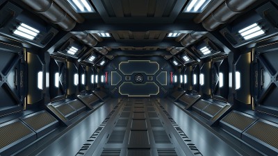科学背景小说室内渲染科幻飞船走廊黄灯。