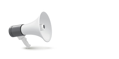 扬声器，白色背景的扩音器。卡通扩音器，用于喊叫，讲公共信息，公告，新闻矢量插图。通信音频设备工具