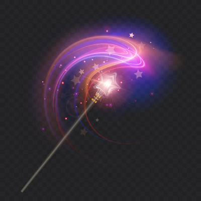 魔术棒与发光漩涡和火花孤立在透明的背景上。有星尘的魔法权杖