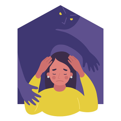 家庭暴力的概念受害者，围殴。女人的肖像与挫折，恐惧，悲伤，头痛，头痛和负面情绪。女孩用手捂着头。平面