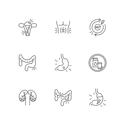 Abdominal pain linear icons set
