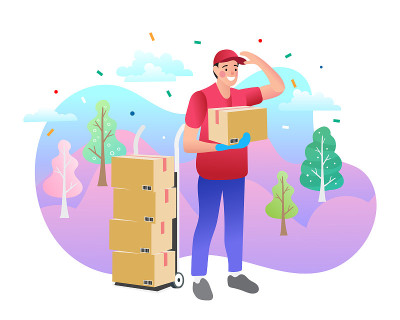 电子商务的概念。在线购物。网上配送服务理念。通过摩托车通过手机快速送货。男人骑摩托车。矢量插图。