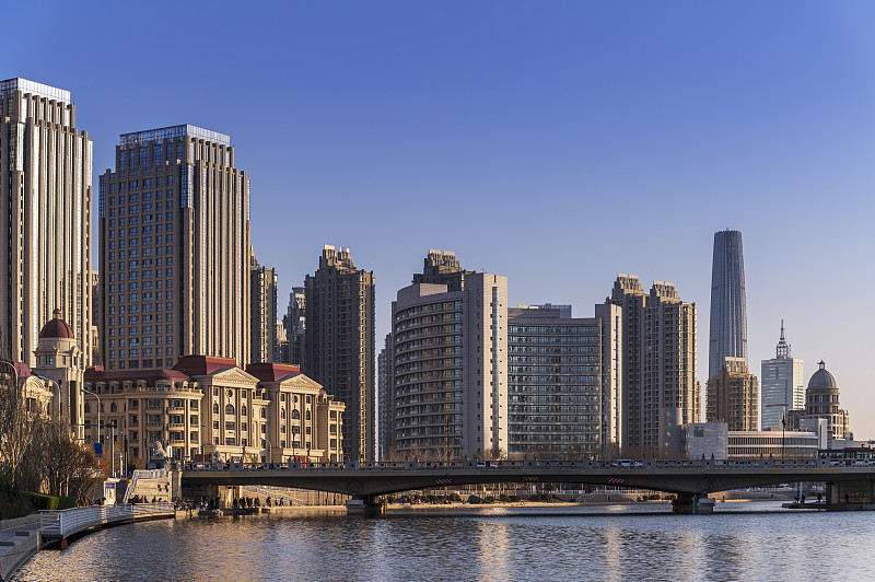 位于天津海河河畔的滨海市区天际线与天津高层建筑的城市景观