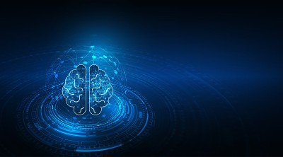 人工智能(AI)大脑动画数字数据概念。大数据流分析。深度学习现代技术。未来的网络技术创新。快速的数字