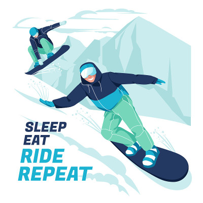 海报与滑雪板在背景的山区冬季景观。极限运动。积极的生活方式。平面向量插图。