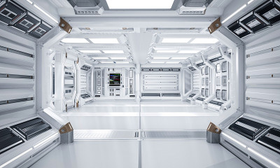 未来建筑科幻走廊和走廊室内，3D渲染