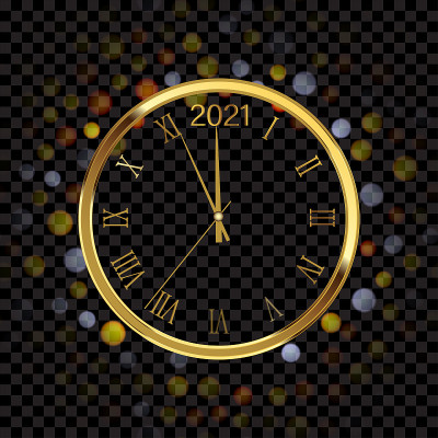 2021年新年快乐，戴着闪亮的金表。向量