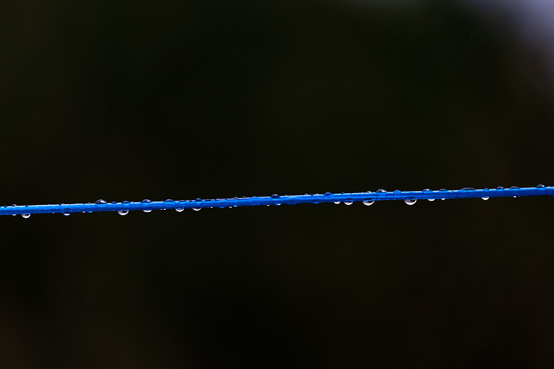 雨滴落在绳子上，塑料晾衣绳，