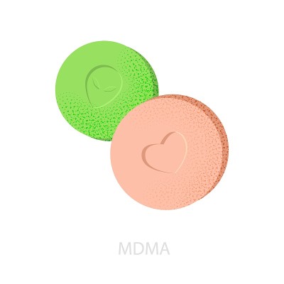 绿色和粉色的Mdma药片有外星人和心形图案。