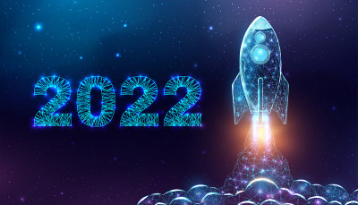 火箭发射，线框多边形风格。2022年开始概念发光低聚火箭。未来现代抽象背景。矢量插图。