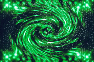 绿蓝矩阵数字背景。扭曲的网络空间的概念。人物落入虫洞。入侵矩阵。虚拟现实设计。复杂的算法数据黑客。绿