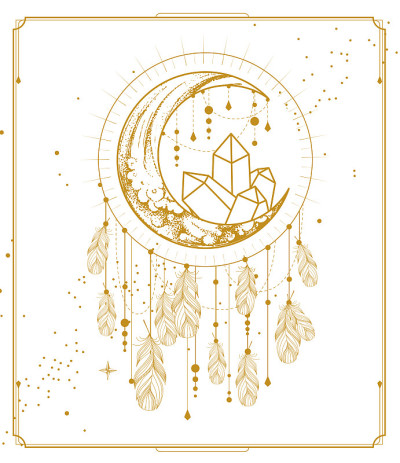 现代魔法魔法卡与捕梦者，新月和水晶。矢量图