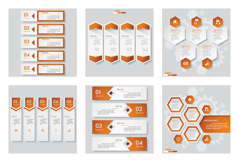 收集6个橙色的信息图设计向量和商业图标。
