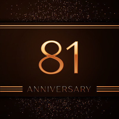 现实的81周年庆祝标志。金色的数字和金色的五彩纸屑在棕色的背景上。彩色矢量模板元素为您的生日派对