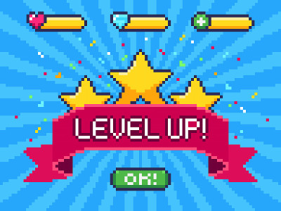 Level Up screen. Pixel video game achievement, pix
