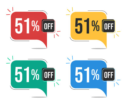 打51%。红，黄，绿，蓝标签打五十一折。横幅与四个彩色气球与特别提供向量。