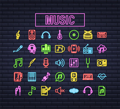 音乐霓虹图标在平面风格。音乐，声音，唱片图标。矢量插图。