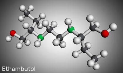 乙胺丁醇е,EMB分子。它是一种用于治疗肺结核的抑菌剂。分子模型。三维渲染