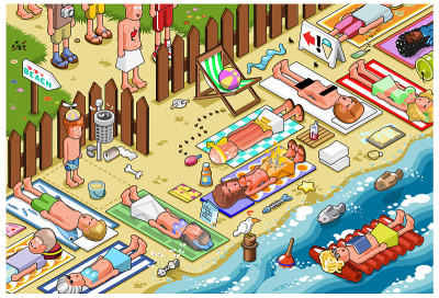 拥挤的海滩(等距视图)