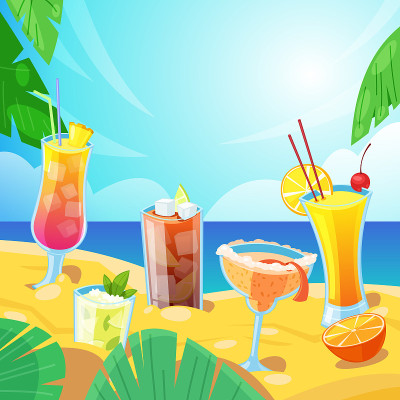 海滩酒吧的概念。沙滩上的热带酒精饮料矢量插图。莫吉托，龙舌兰日出鸡尾酒。