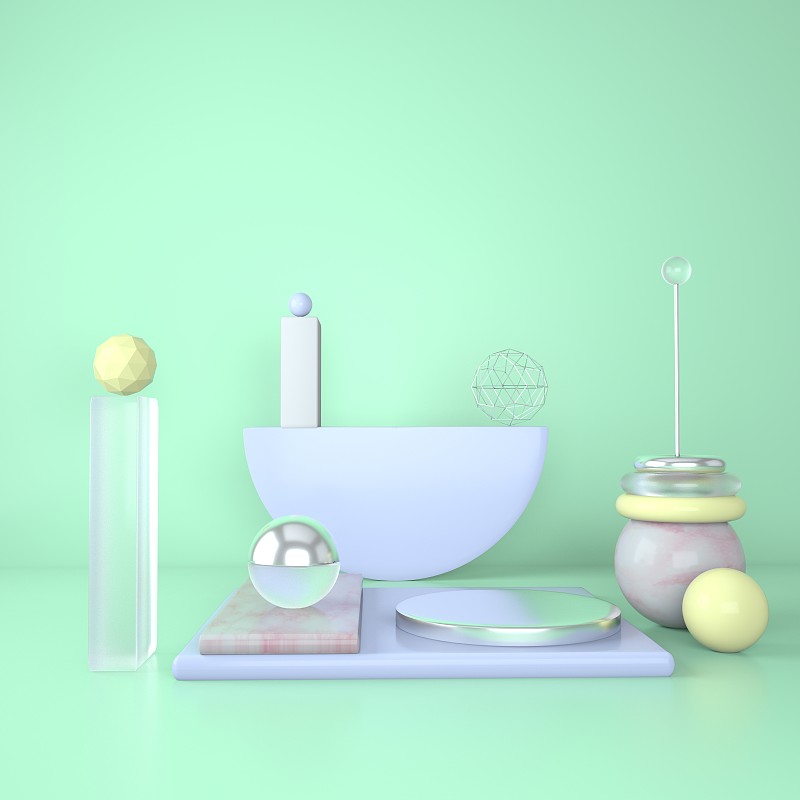 模型平台的品牌。灯光背景和大理石基座与几何形状。3 d。