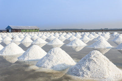 大量的盐在盐海盐农场