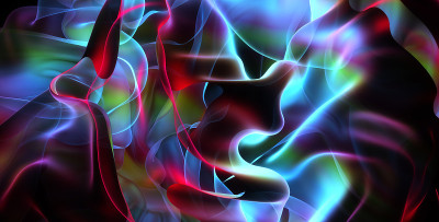 抽象艺术的3d渲染3d背景与部分超现实神秘幻想的丝织品帷幔或围巾在曲线波浪线形成半透明材料与霓虹灯内