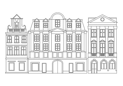 欧洲舒适的历史建筑的矢量线插图。行单色艺术。