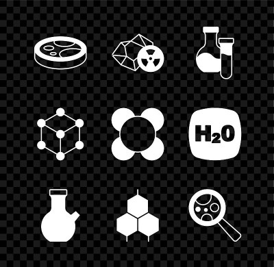 设置细菌培养皿，放射性，试管，化学配方，放大镜下的微生物，分子和图标。向量