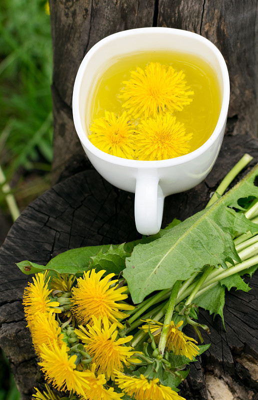 蒲公英花茶泡在白杯近