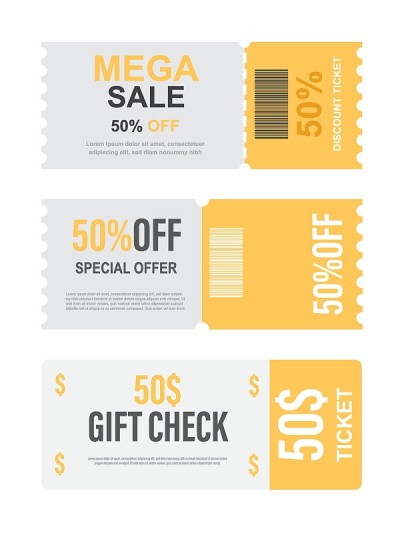 超大折扣门票。50%的折扣券。50元折扣券。