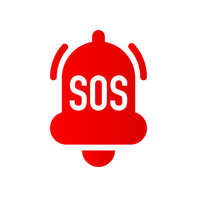 警铃和SOS字母图标孤立的白色背景。警铃，求救信号。平面设计。矢量插图。