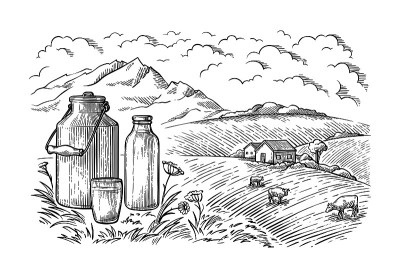 健康的早餐画素描玻璃牛奶瓶铁能杯田奶牛村矢量