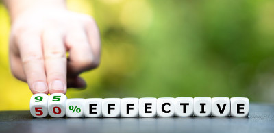 冠状疫苗的有效性符号。手转动骰子和改变表达“50%有效”到“95%有效”。