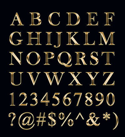黑色背景上的金色字母，数字，符号。