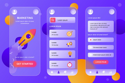专业课程，定位，吸引客户，业务推广。UI, UX, GUI屏幕设置。玻璃形态设计中模板的矢量插图