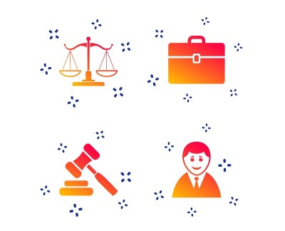 Scales of Justice icon. Auction hammer and case. V