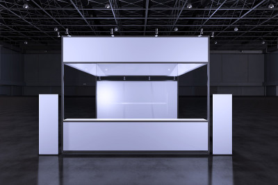 展示平台用于实物模型和企业形象，展示设计。空的展台设计。展厅零售展位元素。展位设计贸易展。空白展台系
