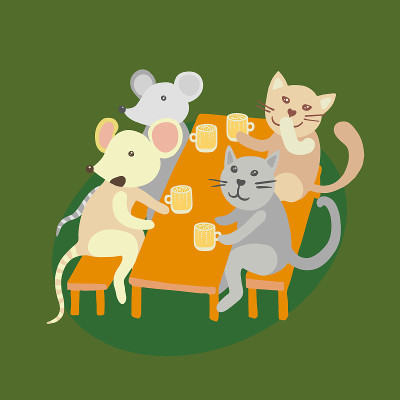 一群猫和老鼠在酒吧里玩