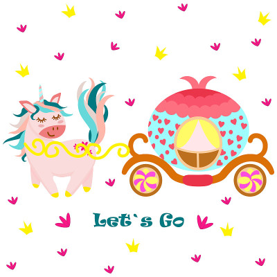 poster with unicorn and princess carriage - vector