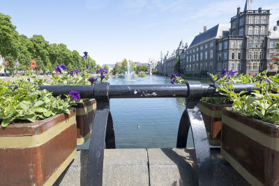 荷兰海牙历史悠久的宾尼霍夫(Binnenhof)和霍夫维弗湖(Hofvijver lake)，前景是